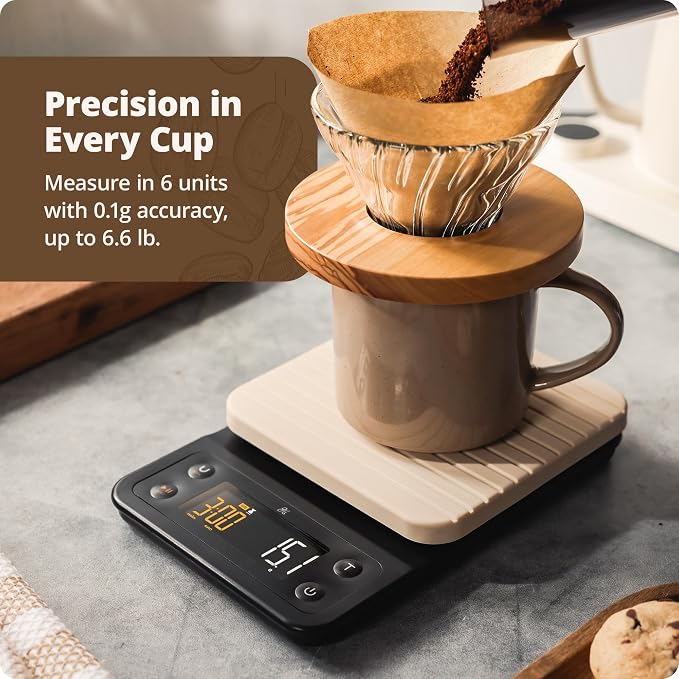 Greater Goods Coffee Scale with Timer, 0.1g Precision Digital Espresso & Pour Over Scale for Chemex, V60, Drip & Matcha Weighing, Waterproof Silicone Cover, 6.6lb Barista Brew Capacity (Birch White)