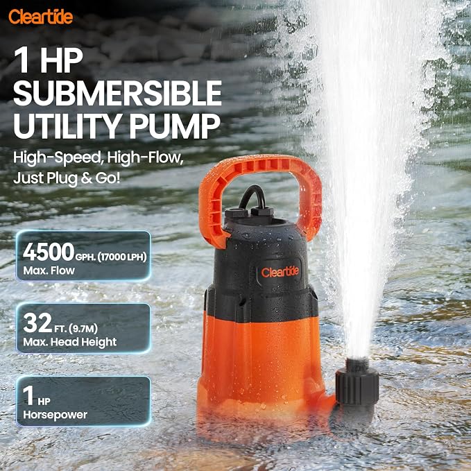 Cleartide 1 HP Submersible Utility Water Pump, 4500 GPH Sump Pump, Portable Plug and Work for Pond, Garden Watering, Pool or Hot Tub Water Transfer