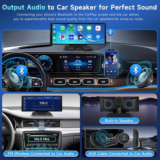 Podofo 10.26" Touchscreen Wireless Carplay Portable Car Stereo Android Auto, Car Play Navigation, Voice Control, Bluetooth/AUX/FM, Car Radio Receiver