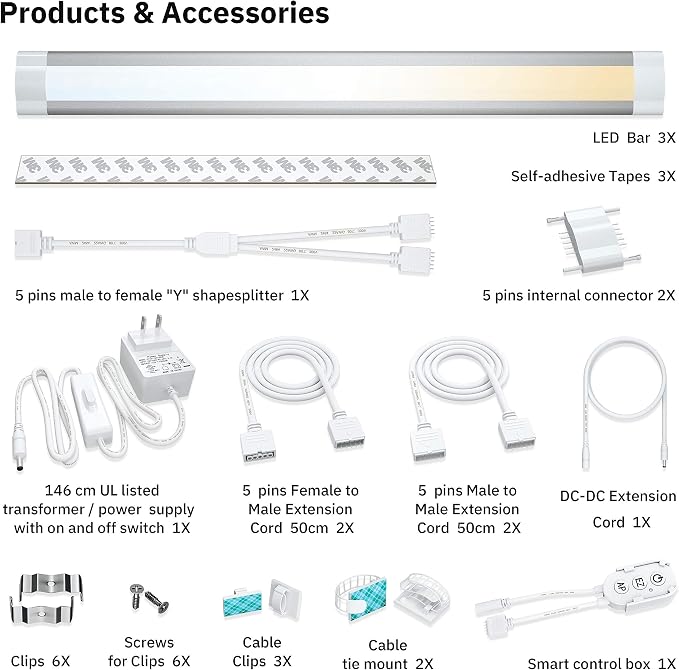Smart Under Cabinet Lights Work with Alexa, Google,Siri, LED Light for Kitchen Shelf Counter Lighting with App, Voice Activated Dimmable and Linkable Warm to Cool White (3 Lights Bar Kit)