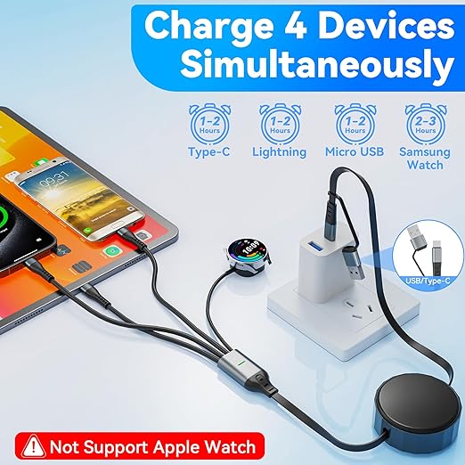 Multi Charging Cable for Samsung & Apple Devices - 100W Retractable USB-C to Lightning Fast Charger, Compatible with iPhone, iPad, Galaxy Watch 7/6