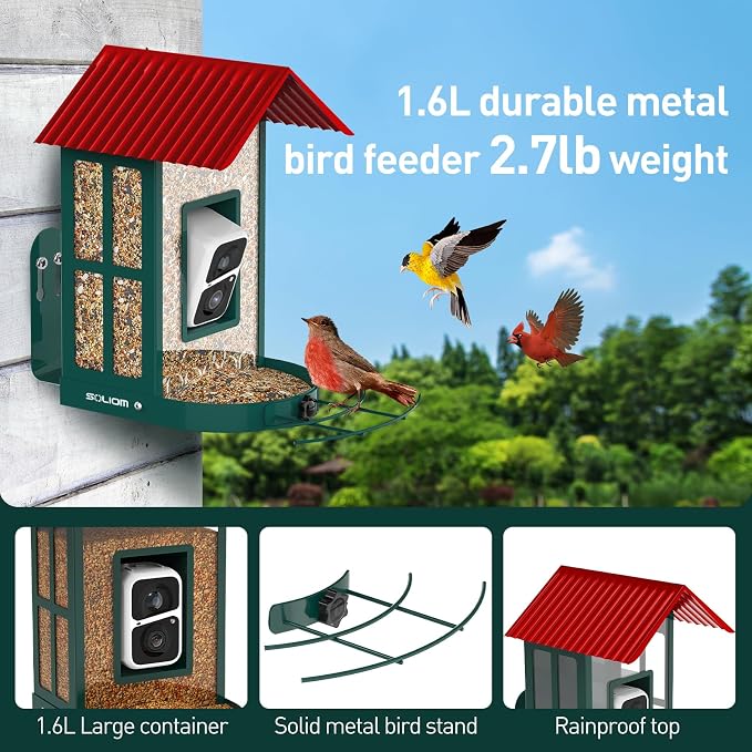 SOLIOM Smart Bird Feeder with Camera for Outdoors, Durable Metal Solar AI Birdhouse, 2K Live View & Instant Alerts, Squirrel-Proof – Complete Bird Watching Gift Set(Red)