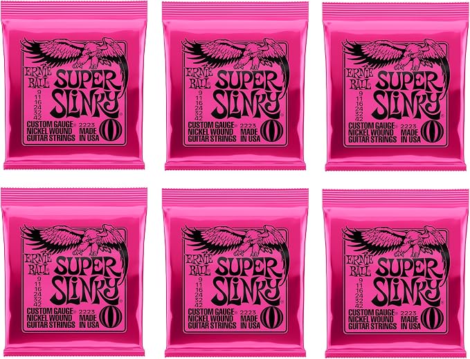 Ernie Ball Super Slinky Nickel Wound Electric Guitar Strings 6-pack, 9-42 Gauge (P03023)