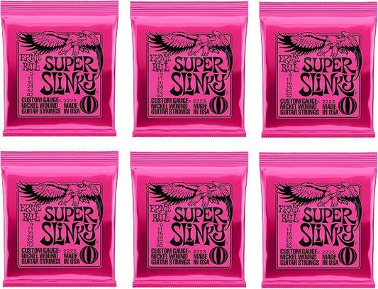 Ernie Ball Super Slinky Nickel Wound Electric Guitar Strings 6-pack, 9-42 Gauge (P03023)