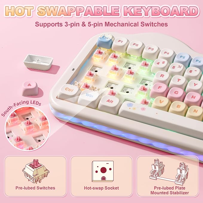 YUNZII C75 Wireless Mechanical Keyboard,75% Layout, Hot-Swappable NKRO,BT5.0/2.4G/USB-C Mode,Dye-Sub PBT MOA Keycaps,RGB Gasket Mount,Cute Cake Design for Mac/Win/Gaming (Beige, Candy Switch)