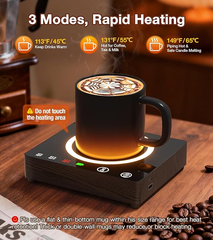 Mug Warmer, Cordless 180 Min Battery Life, 10000mAh Portable Charger, Wireless Coffee Cup Warmer for Desk, 3 Temp Settings, Smart Candle Heat Plate for Home, Office, Travel, Camping & Gifts