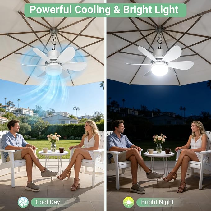 Solar Fan for Gazebo with Light, 18000mAh Rechargeable Solar Powered Patio Ceiling Fan with Remote, 17.5'' Portable Outdoor Hanging Fans for Pergola| Backyard| Camping| Tent| RV Canopy, IP54 Rated