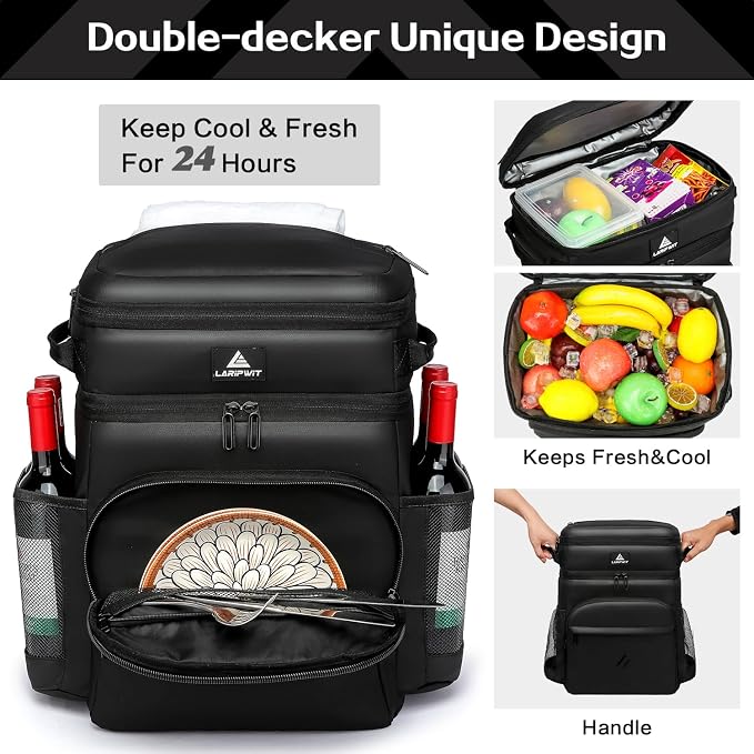 Laripwit Picnic Backpack Cooler Bag - 54 Cans Black Insulated Leak-Proof Lunch Backpack With Cooler Compartment, Large Double Deck Soft Bag for Beach, Camping, Travel