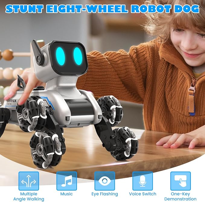 SIMREX Robot Dog RC Stunt Car Toys - Gesture Sensing Remote Control car with Mecanum Wheels, LED Eyes, 3 Sound Effects, Birthday Gift for Kids Boys Girls