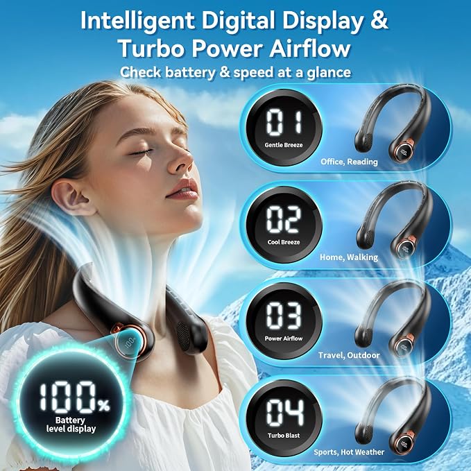 BNBZ Neck Fan, 6000mAh Portable Rechargeable Fan Blows Cold Air with LED Display, 4 Speeds 360° Strong Airflow, Quiet Wearable Personal Cooling Fan for Outdoor Travel,Fireplace Fans-Gray