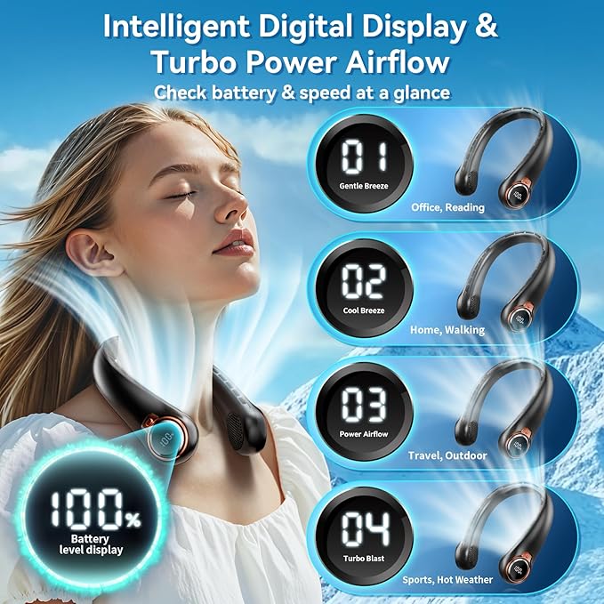 BNBZ Portable Neck Fan, 6000mAh Rechargeable Fan Blows Cold Air with LED Display, 4 Speeds, 20H Runtime, Quiet Wearable 360° Personal Cooling Fan for Outdoor Travel Work Gym,Fireplace Fans