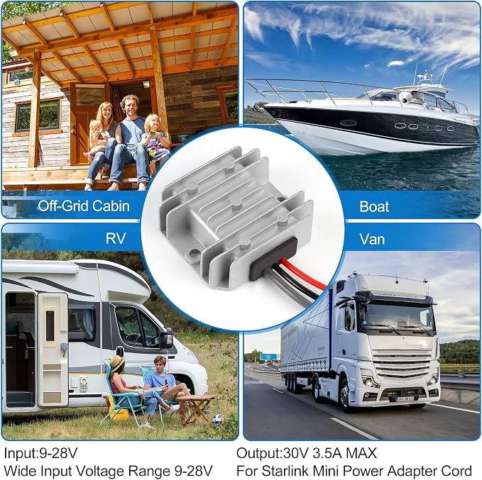 Starlink Mini 12V Adapter 12V/24V to 30V 3.5A, Waterproof DC Step Up Converter with Male Plug 9-28V Input for RV/Off-Grid/Marine, Starlink Mini Accessories starlink mini Power Supply