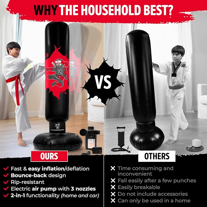 THB Punching Bag for Kids - Inflatable Punching Bag with Boxing Gloves for Kids Age 3-8, 63” Ninja Boxing Bag with Electric Air Pump to Practice Taekwondo, Karate, MMA, Bouncing Back