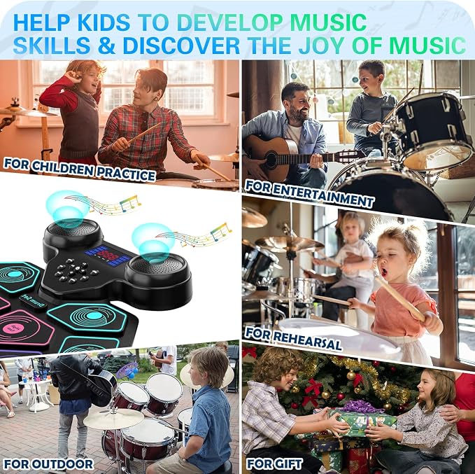 Electronic Drum Set - YUOIOYU Electric Drum Set Roll Up Portable Drum Kit MIDI Practice Drum Pad with Dual Built-in Speaker, Drum Sticks and Pedals, Christmas Birthday Gift for Kids Adult