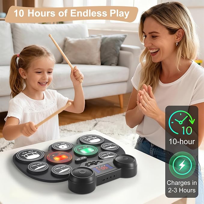 Electric Drum Set with 7 Colorful LED Light Patterns, Enhanced Rebound Feel, 9 Pads, Bluetooth MIDI, Dual Speakers for Kids and Adult Beginners