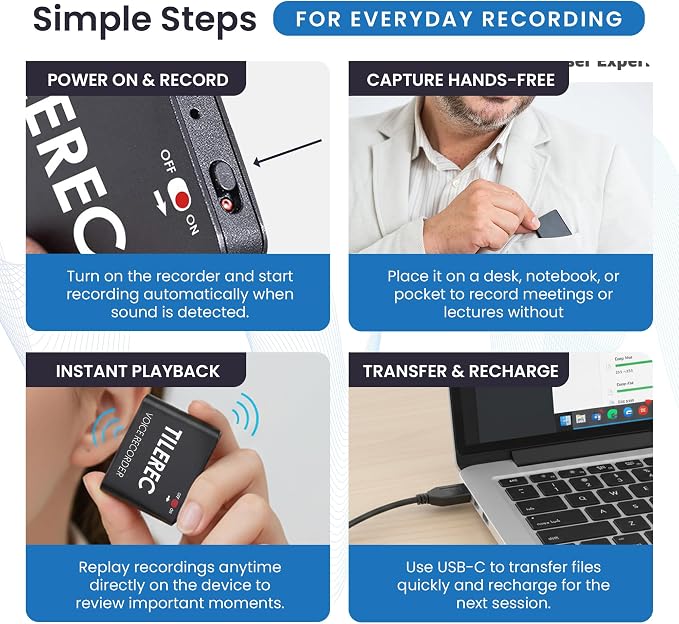 TileRec Voice-Activated Audio Recorder – 64GB Digital Dictaphone with Playback, USB-C, Metal Case – Portable Recorder for Meetings & Lectures