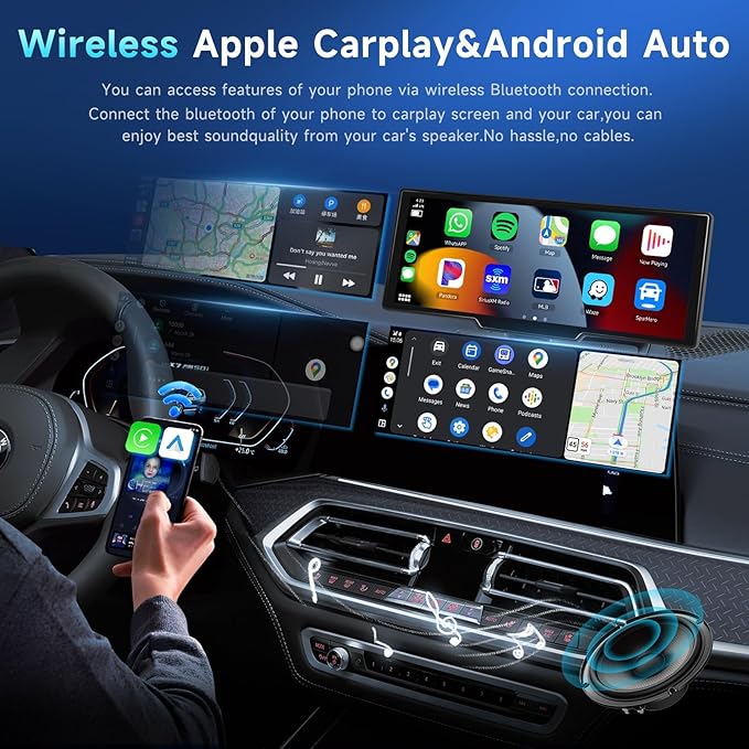 Podofo 10.26" Wireless CarPlay Car Stereo with 1080P Backup Camera, Portable Car Radio with Wireless Android Auto, IPS Touchscreen, Voice Control, Bluetooth, CarPlay Navigation, AUX/FM