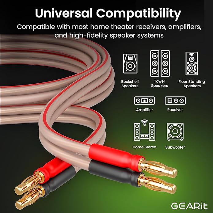 GearIT 14 AWG Speaker Cable with Banana Plugs 14Ga Banana Wire for Bi-Wire Bi-Amp HiFi Surround Sound
