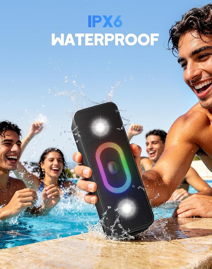 OHAYO Bluetooth Speaker, Wireless Portable Outdoor Speakers, Bold Sound and Ambient Light, IPX6 Waterproof, 24H Playtime, TWS Pairing, Built-in Mic, Home/Travel/Beach Essential, Birthday Gift, Black
