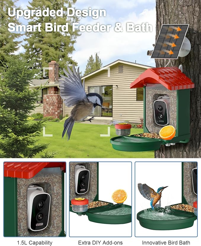 VISIOGEAR 2-in-1 Smart Wild Bird Feeder & Bath with 4K HD Camera, AI Identification Solar Bird Feeder Watching Camera Night Vision for Outdoor Birds Watching Gifts for Birdlover, Red & Green