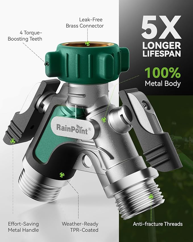 RAINPOINT Sprinkler Hose Timer with 2 Way Heavy Duty Metal Hose Splitter Programmable Watering Timer and 3/4 Inch GHT Y Spigot Splitter with Shut Off Valves for Faucet and Drip Irrigation