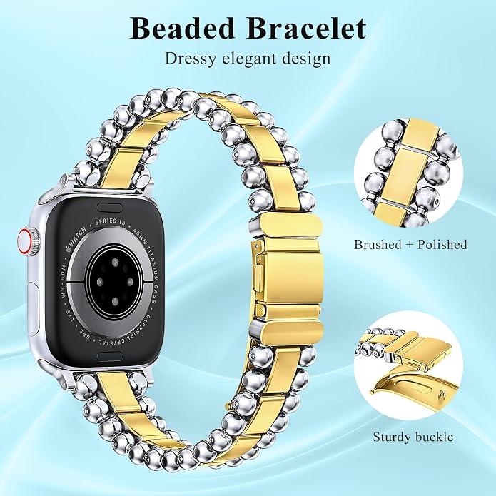 TOYOUTHS Beaded Bracelet Compatible with Apple Watch Bands 38/40/41/42/44/45/46/49mm Women, Dressy Fancy Stainless Steel Metal Elegant Jewelry Strap for iWatch Series 11 10 9 8 7 6 5 4 Ultra/SE 3 2 1
