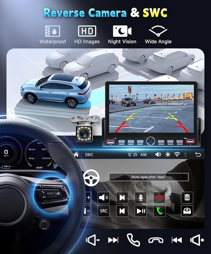 Single Din Car Radio Stereo, 7 inch Touch Screen Radio for Car Stereo Receivers, 1 Din Bluetooth Radio, HD Backup Camera, SWC, Mirror Link, Support FM/EQ/SD/AUX, USB Fast Charging