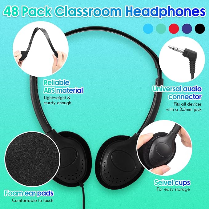 Frienda 48 Pack Classroom Headphones Bulk, Wired School Headsets for Students, Stereo Headphones with 3.5 mm Plug for Classroom, Online Learning, Library(Basic,Black)