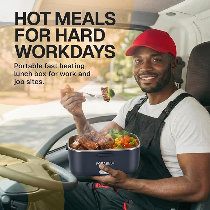 FORABEST Heated Lunch Box - 80W Electric Lunch Box for Adults - Portable Food Warmer - 1.8L Stainless Steel Containers, Carry Bag & Leakproof Lid - 12V/24V Car/Truck & 110/220V Home/Office - Navy Blue