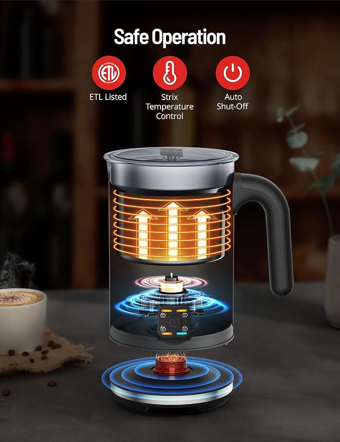 PARIS RHÔNE Milk Frother - 4-in-1 Electric Milk Frother and Steamer for Coffee, Hot/Cold Foam, 10.1oz/300ml Capacity, Non-Stick Interior Milk Warmer for Latte, Cappuccino, Macchiato (Black)