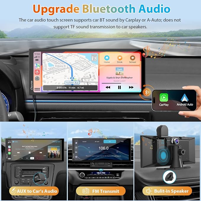 CARPURIDE 11.26 Inch HD Wireless Carplay & Android Auto Screen, 4K +1080P+1080P Dash Camera for Cars with 64GB Card, with Loop Recording, Bluetooth, GPS, FM, Super Link