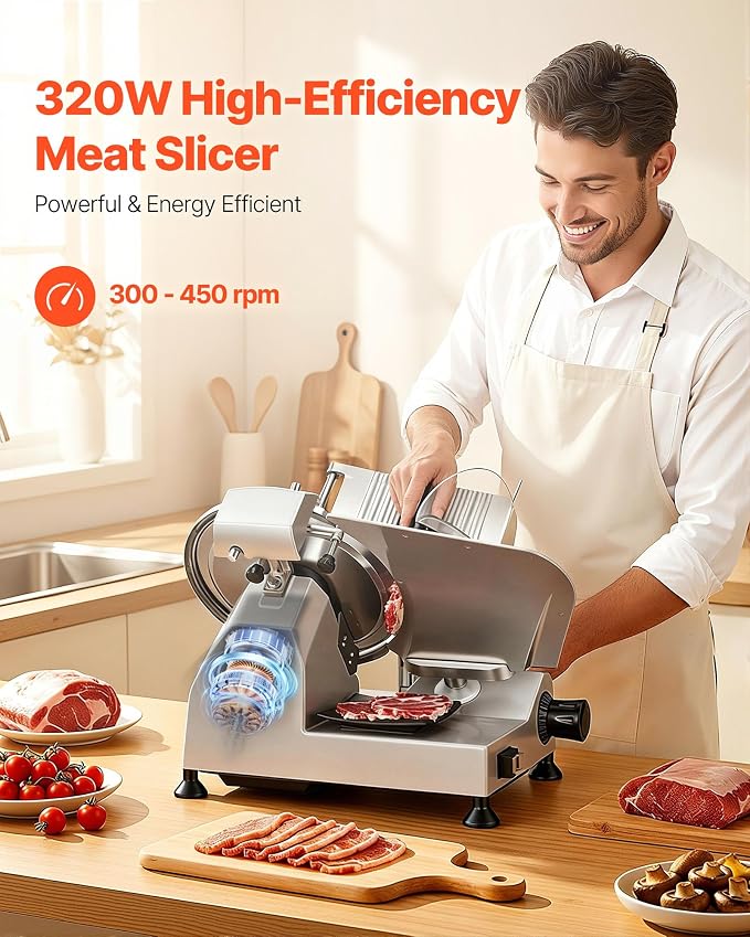 VEVOR Commercial Meat Slicer, 320W Electric Deli Food Slicer with 12" Carbon Steel Blade, Built-In Sharpener & 0-0.6" Adjustable Thickness for Frozen Meat, Ham, Baguett, Steak, UL Approved