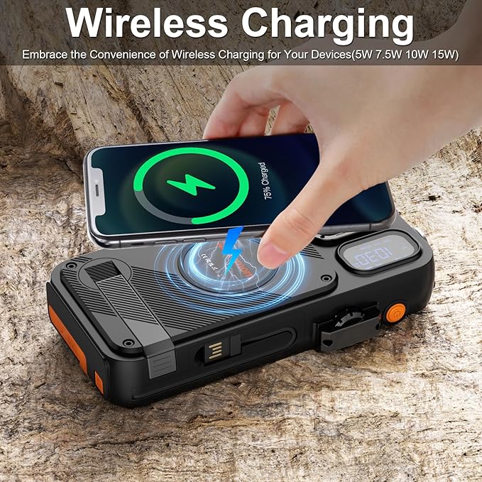 Emergency Radio&22000mAh Solar Power Bank, FM NOAA Weather Radio, Portable Hand Crank Bluetooth Radio, 20W Fast Charge Wireless Phone Charger, SOS Flashlight for Emergency/Home (Orange)