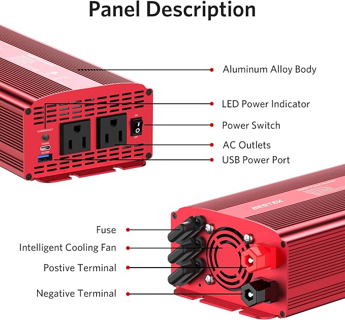 BESTEK 1000W Car Power Inverter, DC 12V to 110V Car Power Converter with 2 AC Outlets/30W PD USB-C/18W Quick USB A Charge Multi-Protection 1000 watt Power Inverter for Vehicles/Car/RV/Home