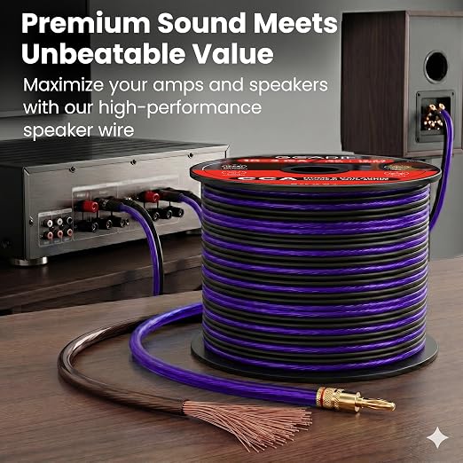 GEARit 14 Gauge Speaker Wire Purple 100 ft,Speaker Cable with Foot Markers & Polarity Markings,14 Gauge Wire for Car Audio & Home Theater Speakers,Audio Cable for DIY Installations,CCA(Black Purple)