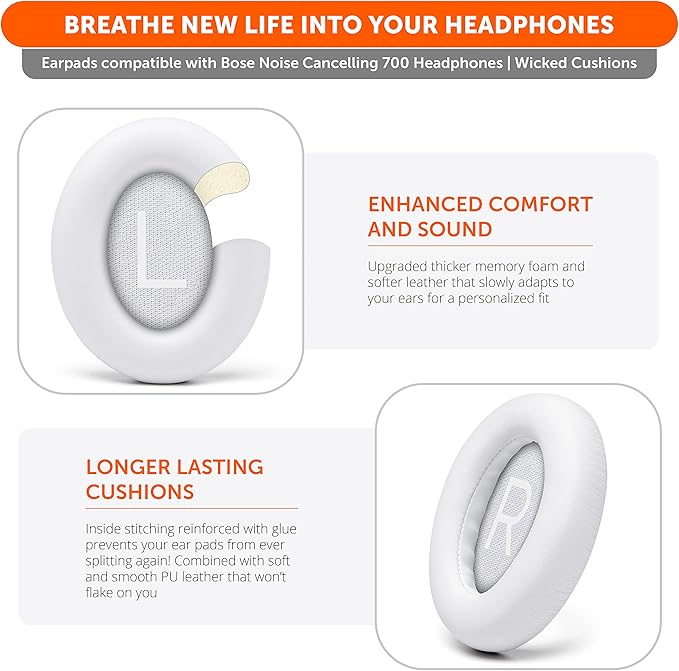 WC Wicked Cushions Upgraded Replacement Ear Pads for Bose 700 Noise Cancelling Headphones (NC700) - Softer PU Leather, Luxurious Memory Foam, Added Thickness, Extra Durable Ear Cushions | (White)