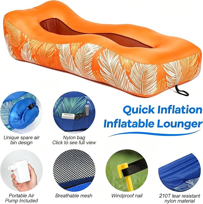 Inflatable Lounger Air Sofa with Unique Sun-Shade, Waterproof Inflatable Beach Bed with Electric Pump, Lightweight Air Hammock Chair for Hiking Backyard Travel Beach Park Picnics（Orange）