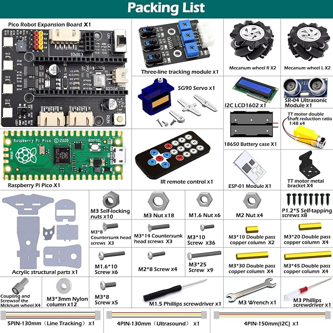 Adeept 4WD Omni-Directional Mecanum Wheels Robotic Car Kit Compatible with Raspberry Pi Pico DIY STEM Remote Controlled Educational Robot Kit with LCD1602 Display and Tutorials