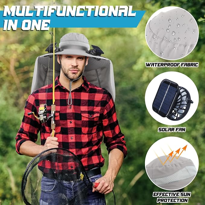 Chuarry Wide Brim Sun Hat with 2 Solar Fans and Neck Flap Outdoor Solar Powered USB Charging Bucket Fishing Hat for Men Women
