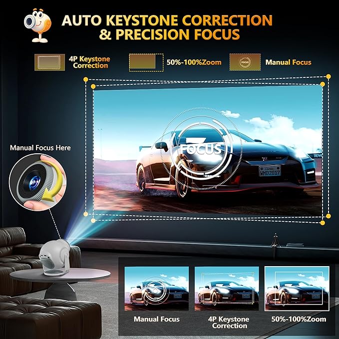 【8K Video Decode / Android 14.0】Mini Smart Projector with WiFi 6 and Bluetooth 5.4, 450 ANSI Support 4K 1080P, Portable Outdoor Movie Projectors, Auto Keystone Correction, 270° Rotatable Proyector