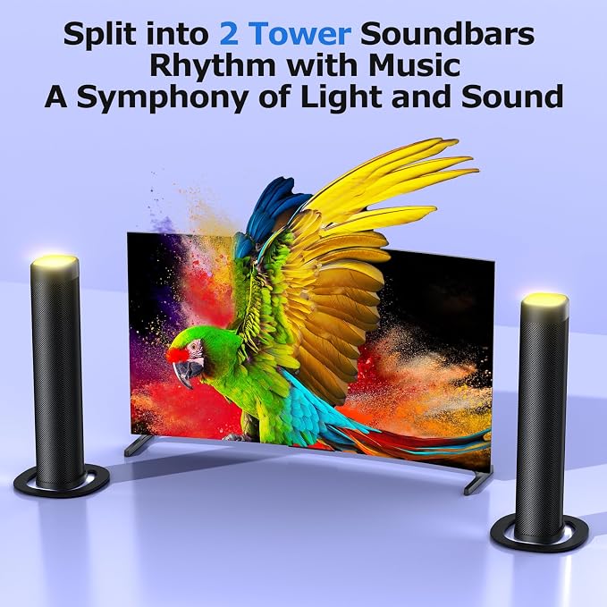 Sound Bar for Smart TV, 100W Sound Bar with 3 Dynamic RGB Lights,Bluetooth 5.3, ARC/Opt/AUX Connect, Dynamic Volume 3 Equalizer Modes,2 in 1 Detachable Soundbar for TV/PC/Gaming/Projectors