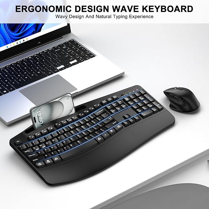 Wireless Keyboard and Mouse Combo, 2.4G Full Size Wave Keys Ergonomic Keyboard with Wrist Rest, Phone Holder, 3-Level DPI Adjustable Wireless Ergonomic Mouse for Windows, Mac Desktop/Laptop/PC(Black)