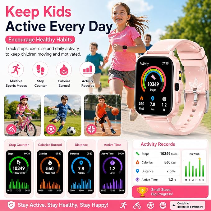Smart Watch for Kids Boys Age 5-12, Ai Functions Games HD Touch Screen Watches with Video Camera Music Player Pedometer Heart Rate Sleep Tracker Christmas Birthday Gifts for Girls (Pink, 1.85")