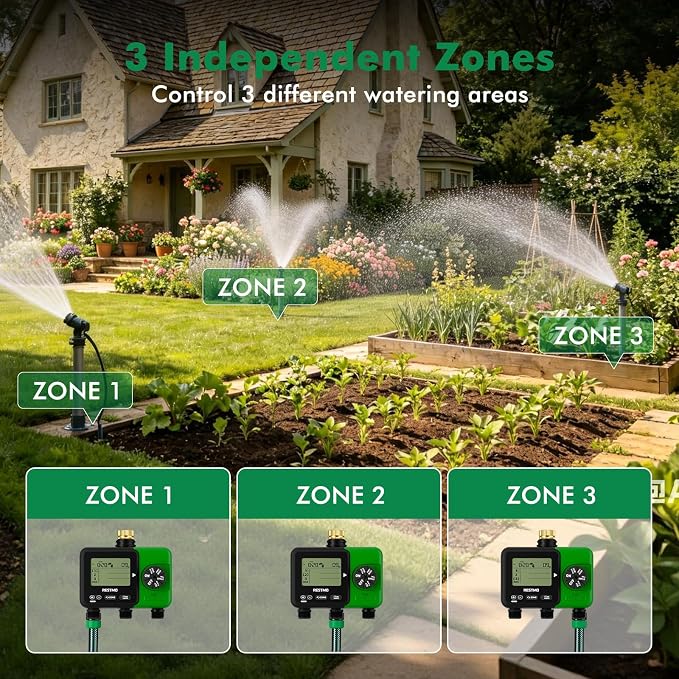 RESTMO Sprinkler Timer for Outdoor Hose Faucet 3 Zone, Up to 9h59m Programmable Watering Timer for Soaker Hose, Filling, Misting with Brass Inlet, Rain Delay/Manual/Automatic Irrigation System