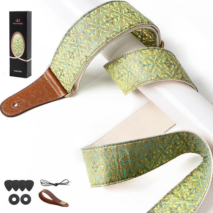 Guitar Strap, Electric& Acoustic Bass Guitar Straps,Embroidered Filament with Head Cowhide Leather Strap, with Free Strap Button,2 Guitar Strap Locks,4Guitar Pick (Yellow Flower)