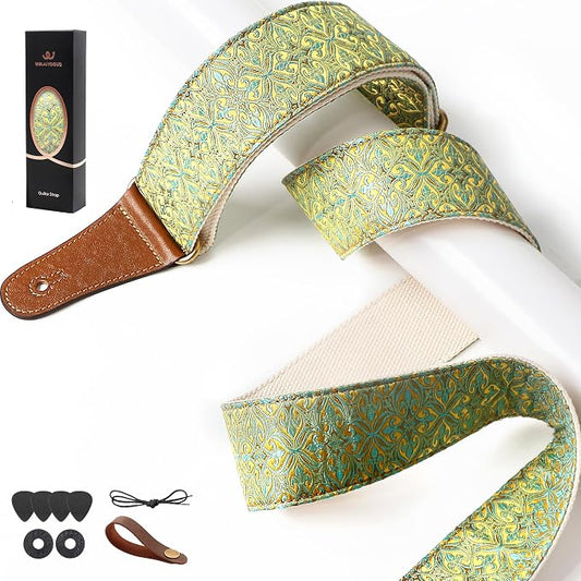 Guitar Strap, Electric& Acoustic Bass Guitar Straps,Embroidered Filament with Head Cowhide Leather Strap, with Free Strap Button,2 Guitar Strap Locks,4Guitar Pick (Yellow Flower)