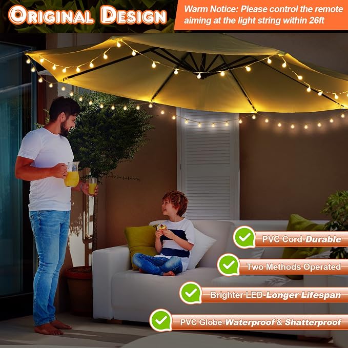 1 Pack 32 Feet Patio Umbrella Lights, 8 Lighting Modes LED String Lights with 64 Pcs Shatterproof Globe, Remote Control Battery & USB Powered, Waterproof Hanging Light Decorate for Patio