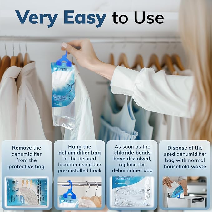 Hanging Moisture Absorber Bags, Dehumidifier Bags for Closet, Wardrobe and Laundry Room, Reduce Moisture, Odors, and Dampness, Long-Lasting Humidity Control, 16.9 oz per Bag (Pack of 10)
