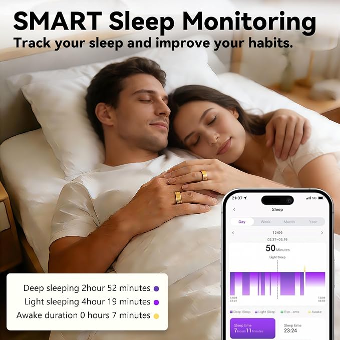 Smart Ring for Women & Men, Health & Fitness Tracker with Heart Rate/Sleep Monitoring/Blood Pressure, 5ATM Waterproof,Activity Trackers with Free App,Stylish Fitness Ring Birthday Gift(Size 8, Gold)