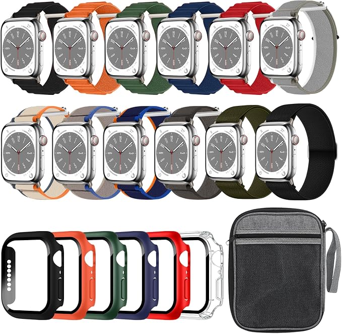 12pack Watch Band and 6pack Watch Screen Protector Compatible With Apple Watch 46mm Bands, Nylon Band and Case Organizer for iWatch Series 11 10
